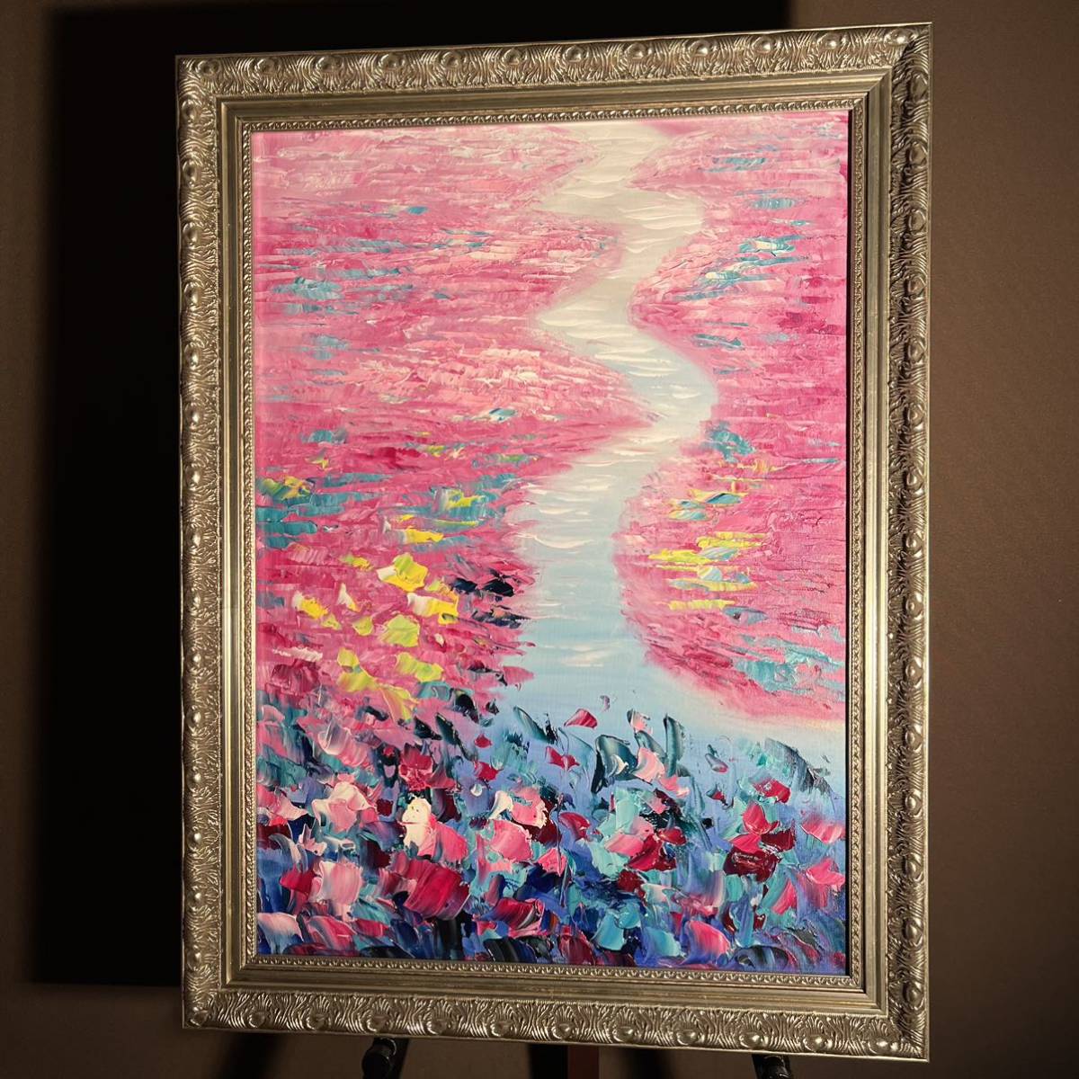 手書き油絵 色づく睡蓮の池 絵画 額付き インテリア 油彩画_画像1