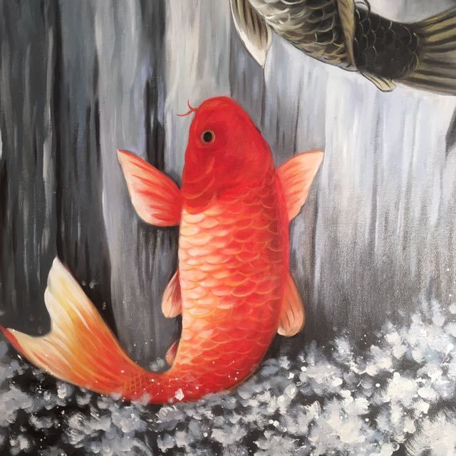 手書き油絵 鯉の滝登り 額付 絵画 インテリア 開運 金運 風水 手書き油絵 特大 鯉の滝登り 額付 絵画 インテリア 開運 金運
