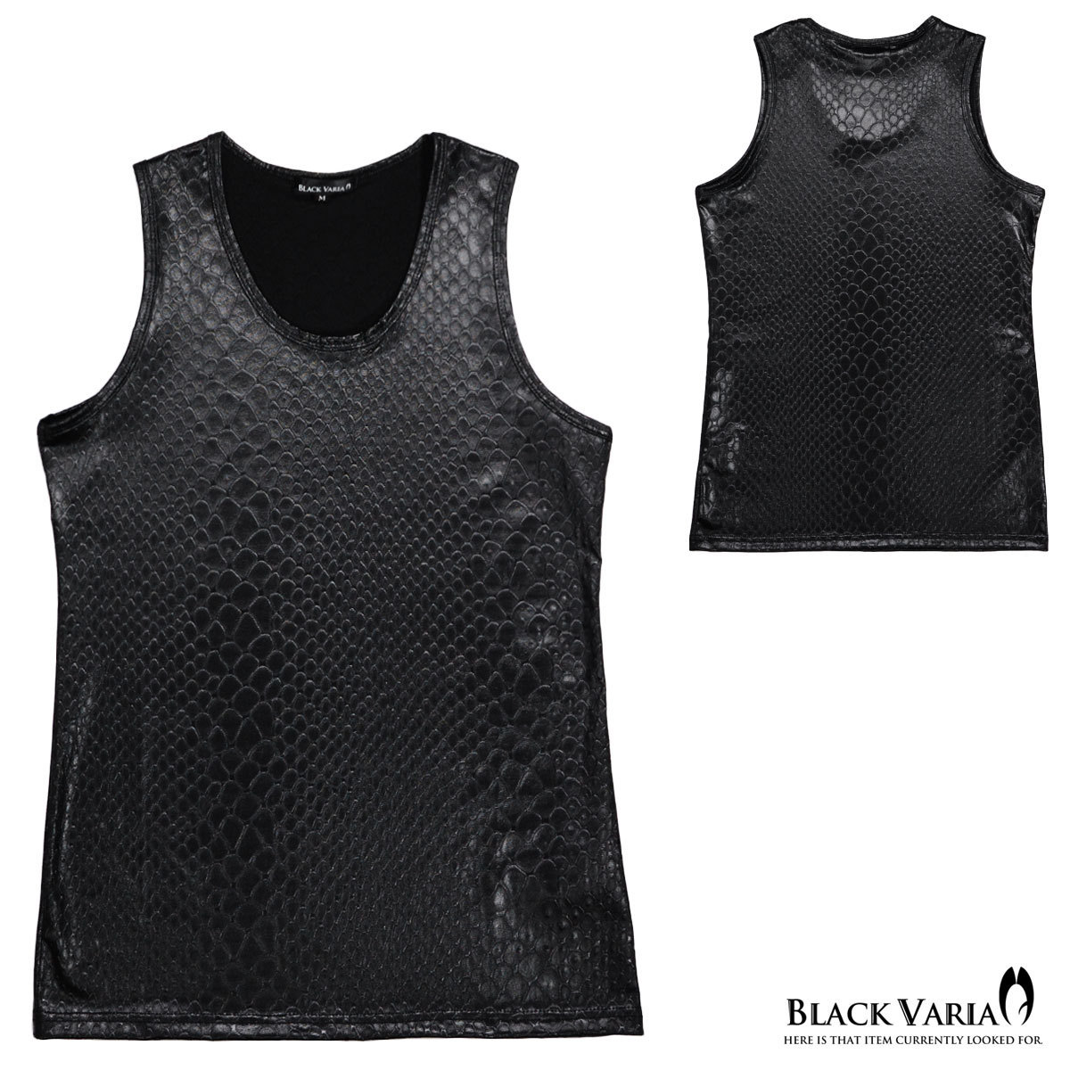 181308-bk BLACK VARIA python . snake animal pattern men's total pattern made in Japan stretch thin tank top ( black black ) M slim U neck 