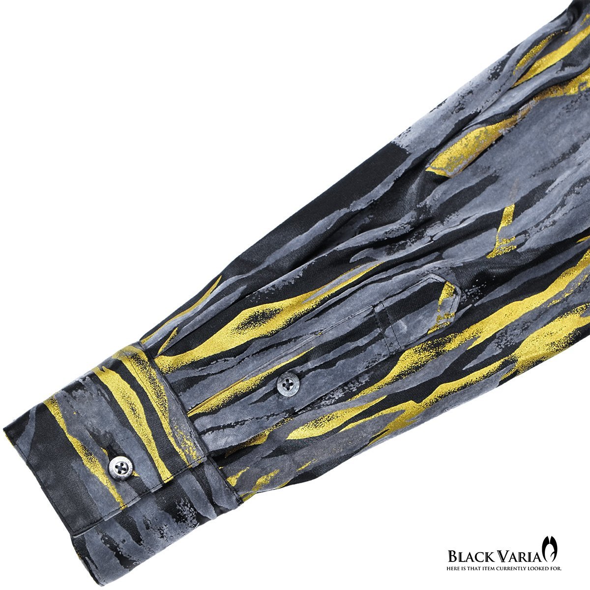 231903-bkgo BLACK VARIA ｈｙロッキー＆ラメプリント ドレスシャツ レギュラーカラー メンズ(ブラック黒ゴールド金) L ステージ衣装 派手_画像7