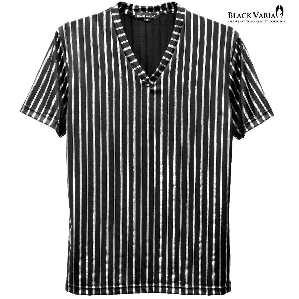 183705-bksi BLACK VARIA 箔ストライプ シルバー メタル光沢 ストレッチ 半袖VネックTシャツ メンズ(ブラック黒×銀) 3L お洒落インナー_画像6