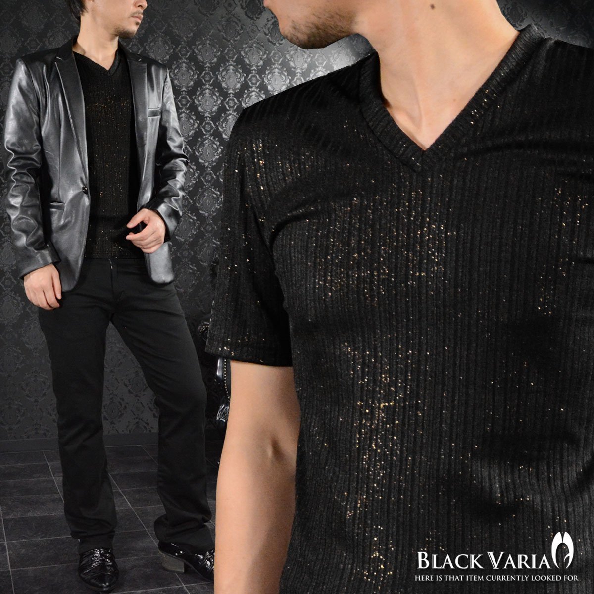 173313-bkgo BLACK VARIA ラメ×ランダムテレコ メンズ Vネック半袖Tシャツ (ブラック黒ゴールド金) XL モードカジュアル カットソー_画像2