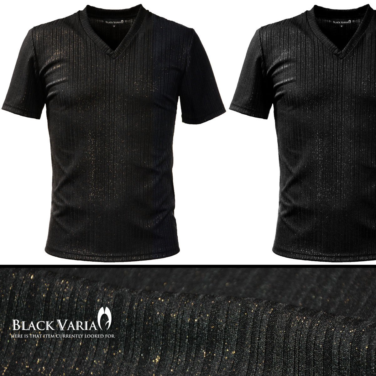 173313-bkgo BLACK VARIA ラメ×ランダムテレコ メンズ Vネック半袖Tシャツ (ブラック黒ゴールド金) XL ステージ衣装 バンド カットソー_画像4