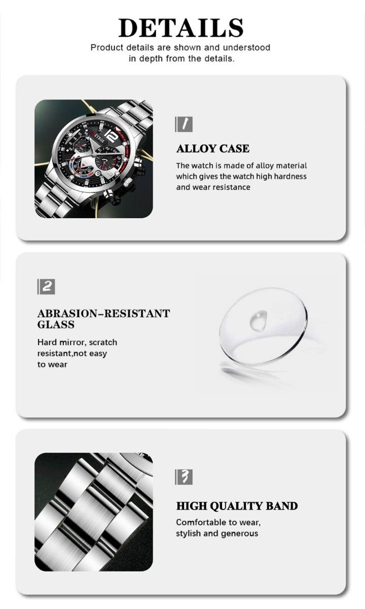 メンズ腕時計 新品 アナログ DEYROS ステンスチール ファッション クォーツ ウォッチ クロノグラフ シルバー&ブラック