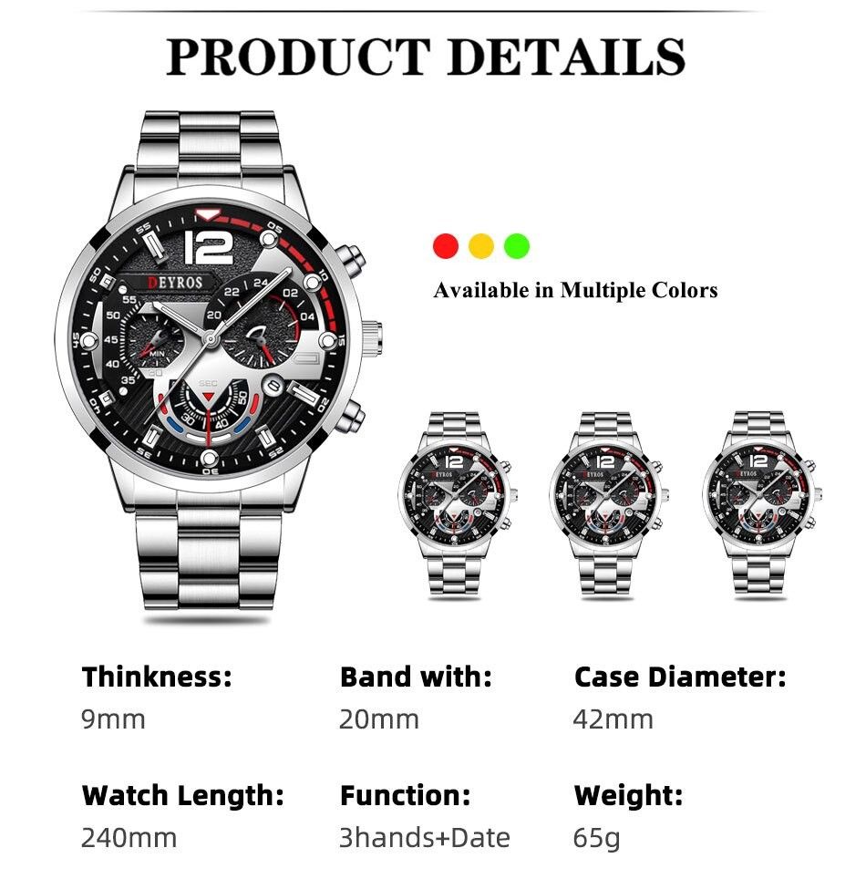 メンズ腕時計 新品未使用 アナログ DEYROS ステンレススチール ファッション クォーツ ウォッチ シルバー&ブラック