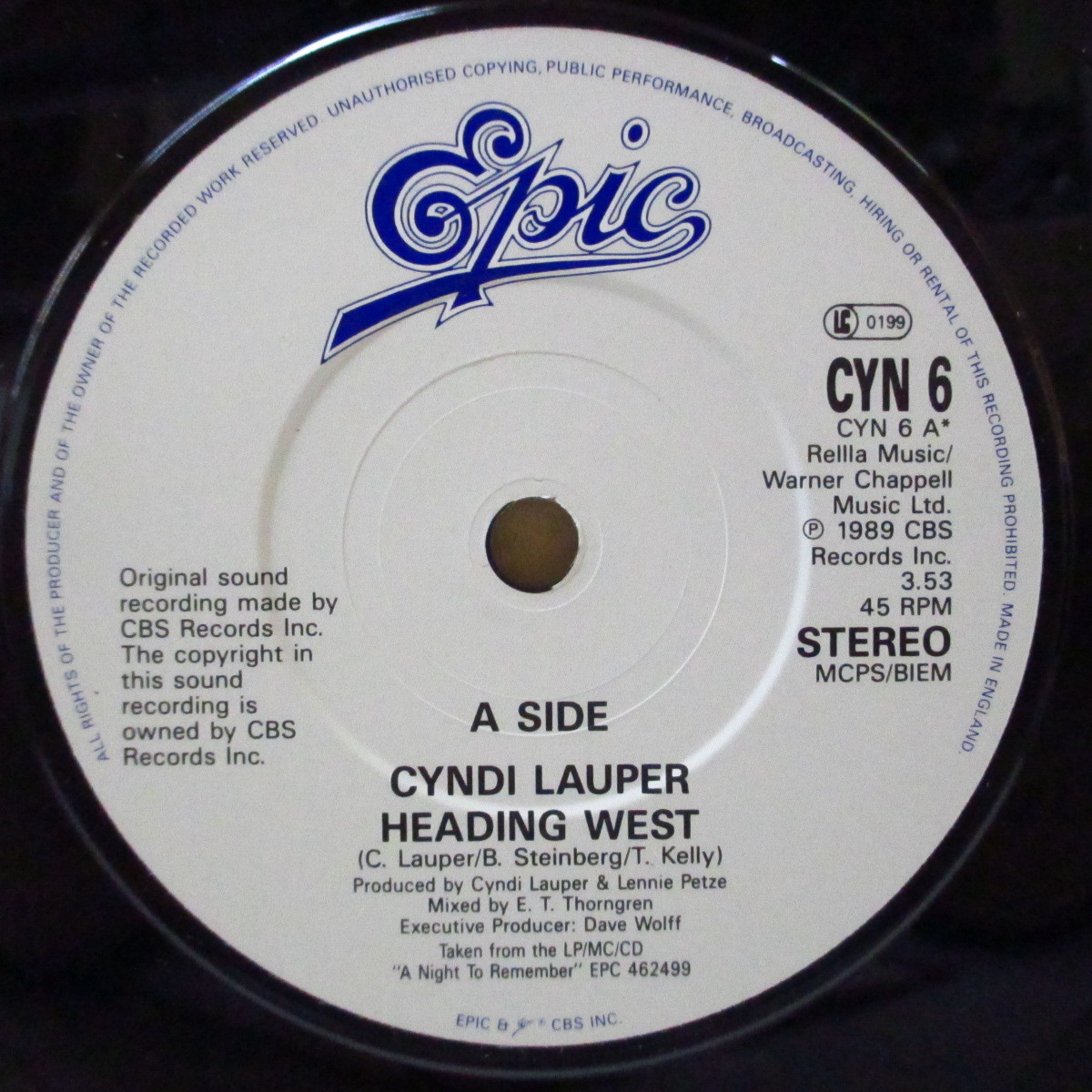 CYNDI LAUPER-Heading West (UK オリジナル 7インチ+光沢固紙ジャケ)_画像3