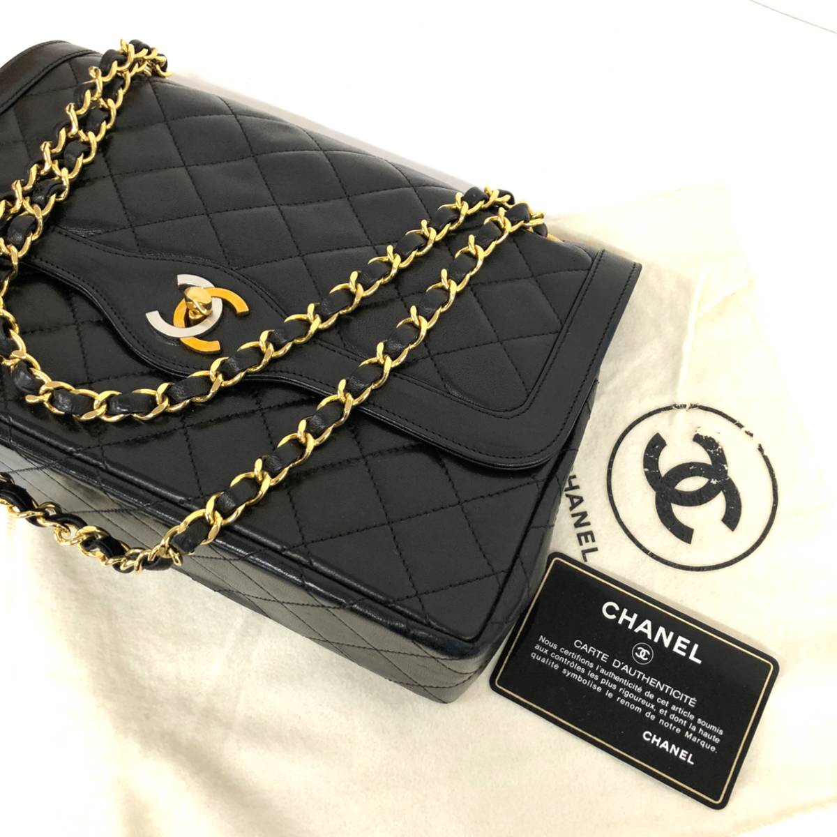 ■１円～CHANEL/シャネル☆パリ限定!! Wフラップ マトラッセチェーンショルダー ゴールド×シルバー金具_画像9