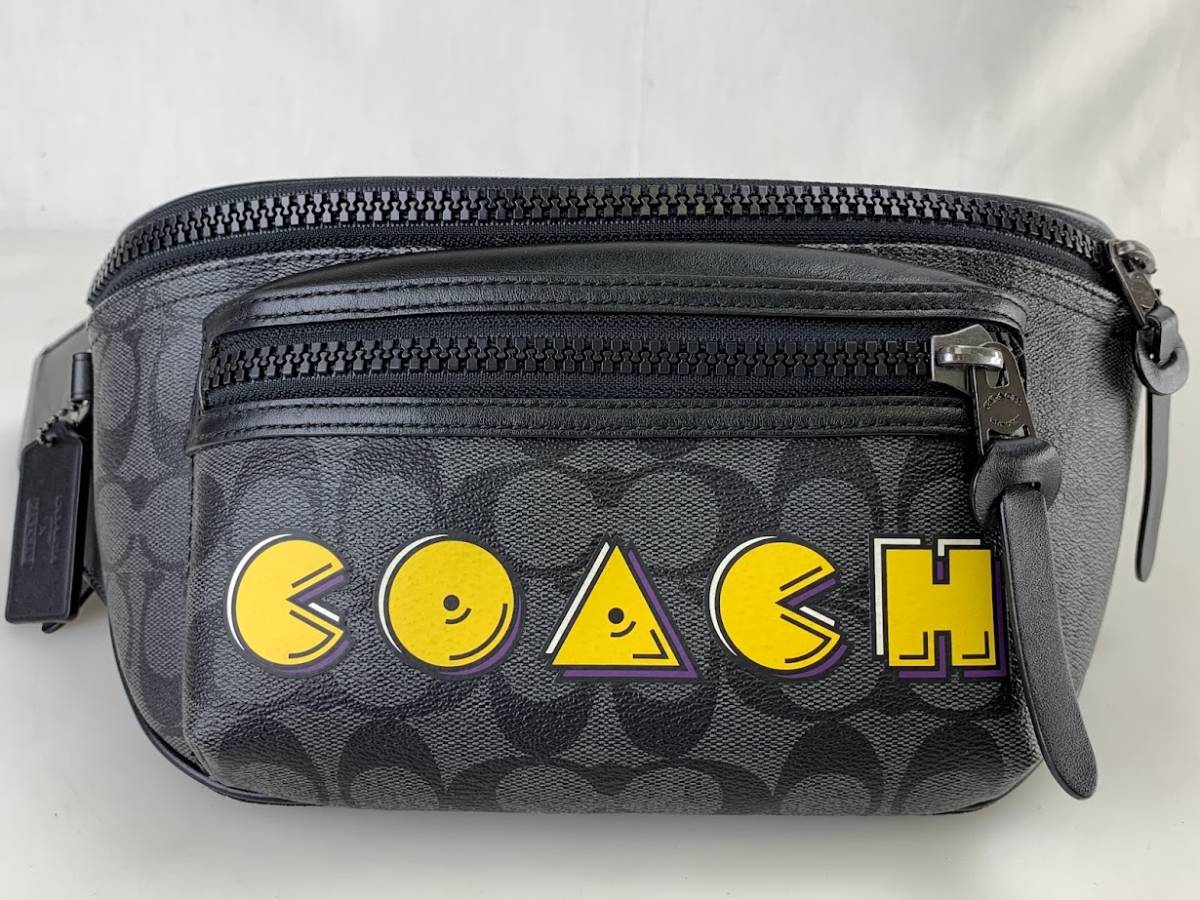 【美品・1円出品】K2295 COACH コーチ F72924 パックマンコラボ ボディバッグ ウエストバッグ 斜め掛け レザー PVC ブラック シグネチャー_画像2