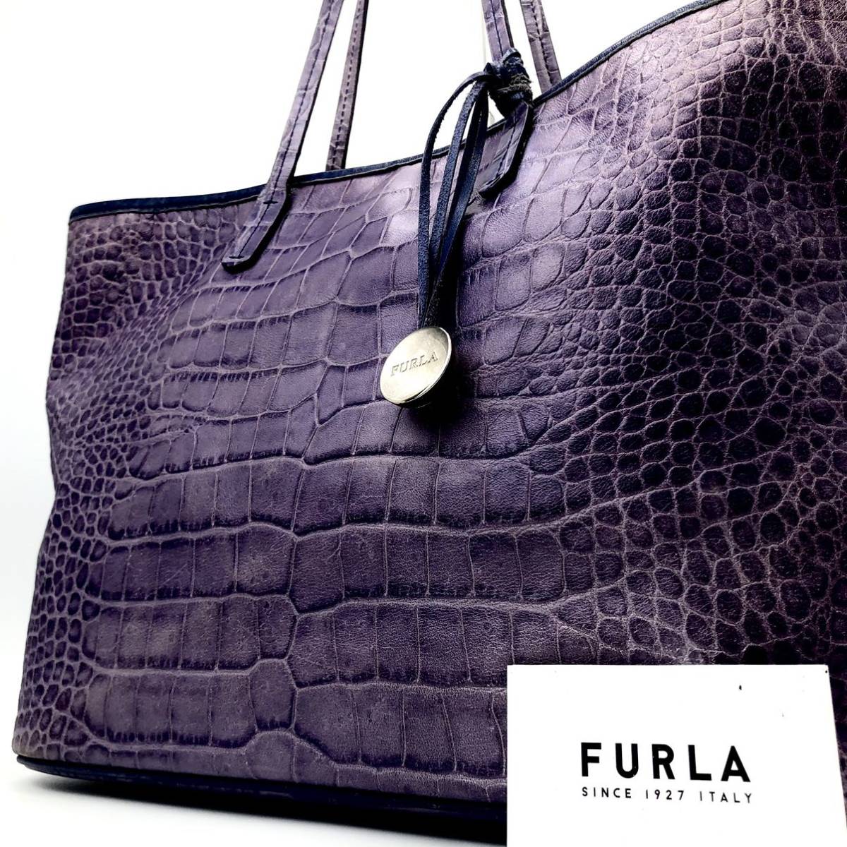 1円【希少色 高級品】FURLA フルラ トートバッグ ビジネスバッグ ショルダー ハンド クロコ レザー パープル 肩掛け メンズ レディース_画像1