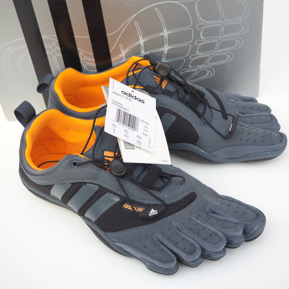 デッド!! 新品 US 9/ 27cm adidas adipure L TR M trainer 紐付き 黒グレーオレンジ 5本指 アディピュア トレーナー