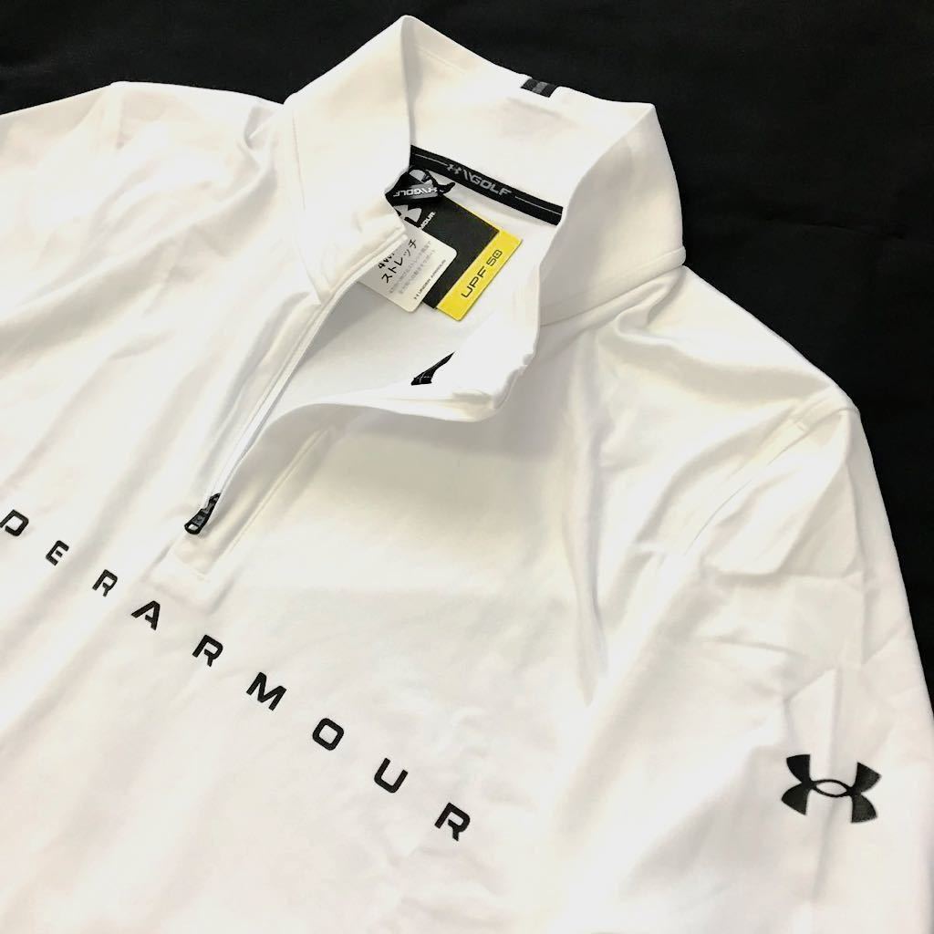 ◆343 新品【メンズM】白 アンダーアーマー（UNDERARMOUR）ハーフジップ ハイネック ゴルフウェア モックネック シャツ_画像1