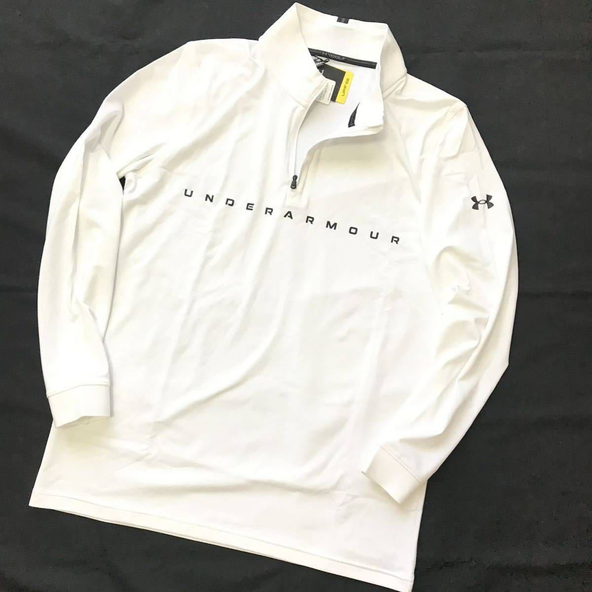 ◆343 新品【メンズM】白 アンダーアーマー（UNDERARMOUR）ハーフジップ ハイネック ゴルフウェア モックネック シャツ_画像2