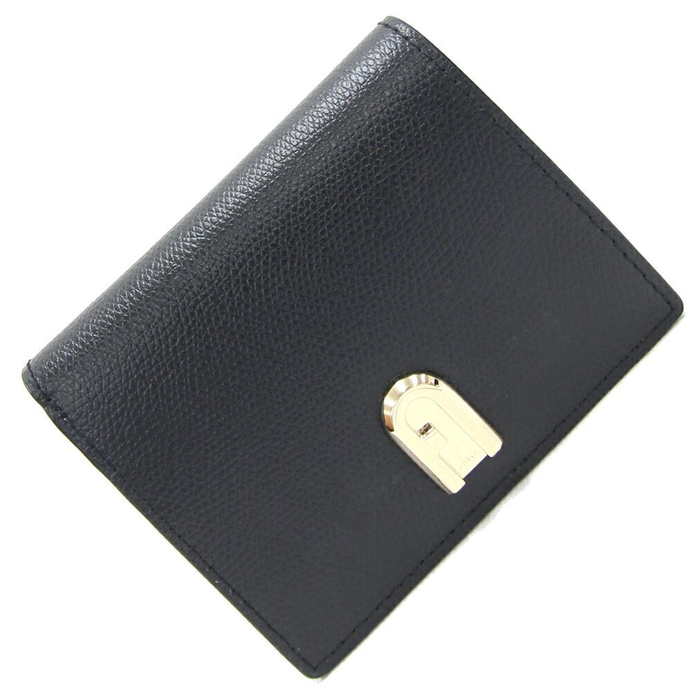 フルラ 二つ折り財布 バイフォールド ウォレット 1007-O6000 ブラック レザー 中古 財布 コンパクトウォレット 黒_画像1