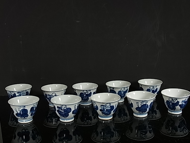 染付 煎茶器湯呑み茶碗 唐子図　栄山　茶器　１０客揃い　良好品経年家庭保管品