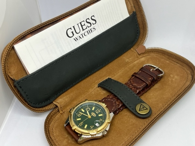 GUESS ゲス メンズ クオーツ 腕時計 レザー メッシュ ゴールド/シルバー ケース付_画像1