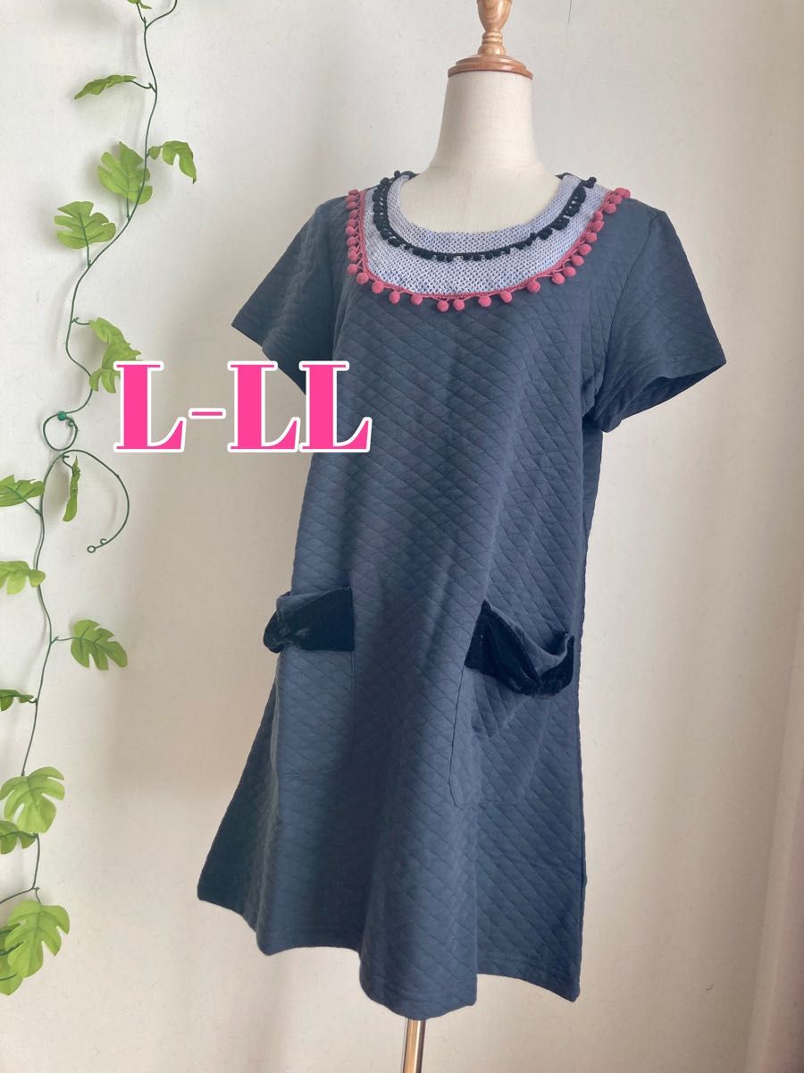 新品L-LL☆ポケットベロアリボン裾フレアチュニック大きいサイズ