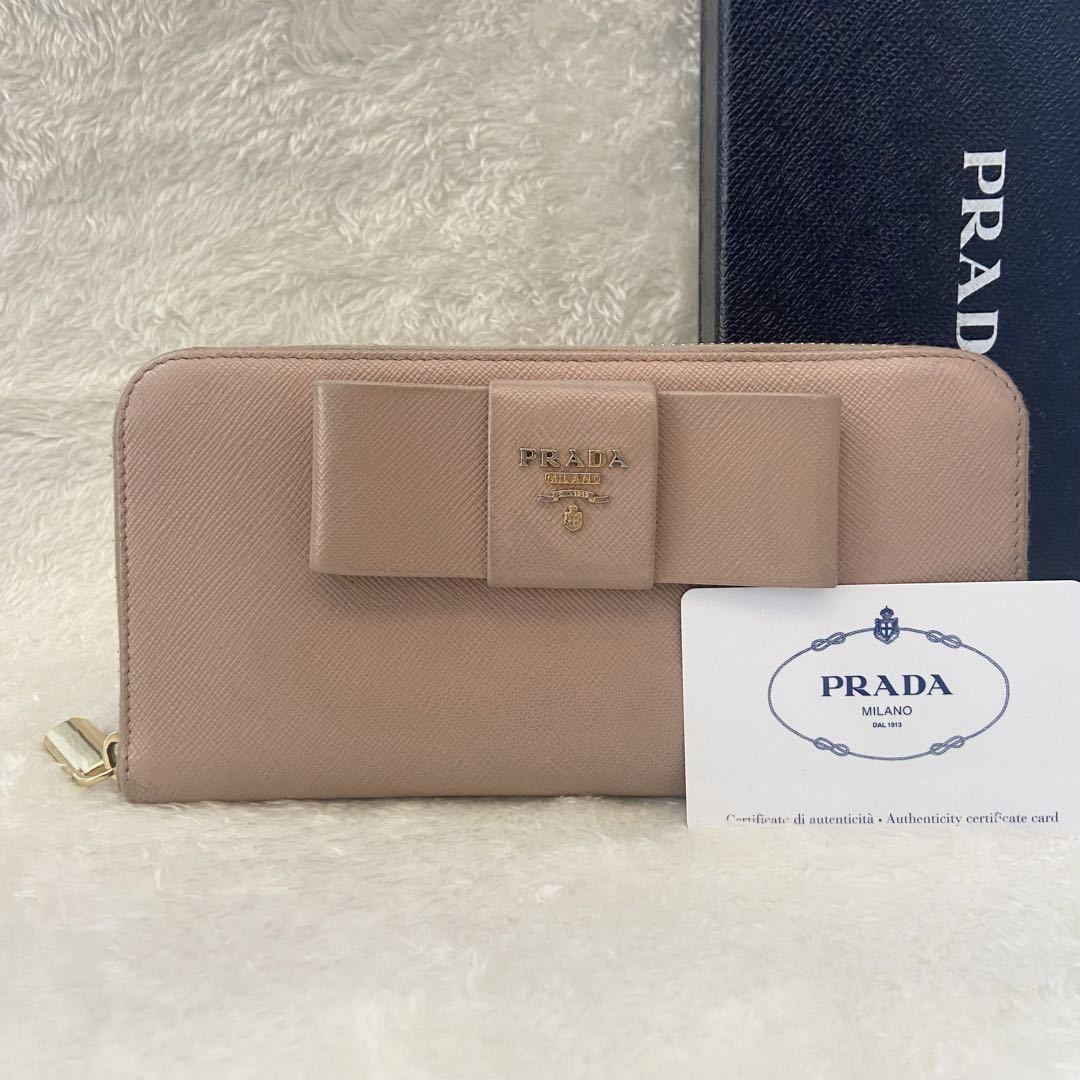美品 PRADA サフィアーノ フィオッコ リボン ピンクベージュ ベージュ