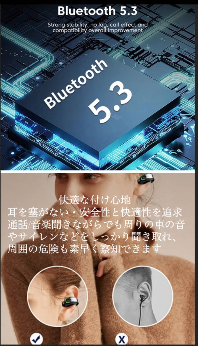 Bluetooth5.3　イヤホン　ワイヤレスイヤホン IPX5 空気伝導イヤホン　クリップ型　防水　耳掛け　スピーカー　マイク 片耳　ホワイト　1_画像2