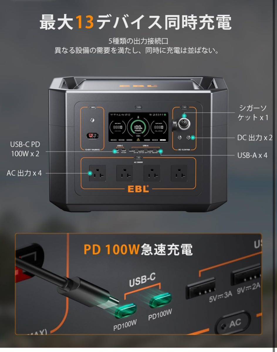 EBL ポータブル電源 2000W リン酸鉄 2096.64Wh/44800mAh AC高出力(2000W 瞬間最大4000W)_画像4