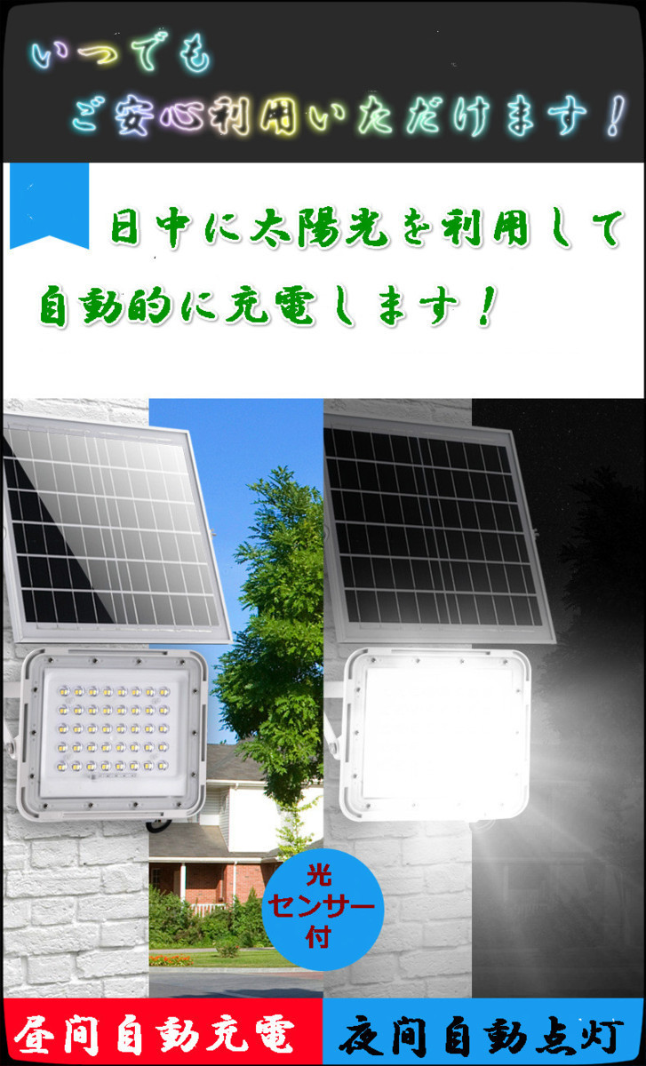 送無料！即納！警告機能付！ソーラーLED投光器 100W相当 140LED 「光センサー　リモコン付き」調光、電量表示可！災害 停電 防犯に最適_画像2