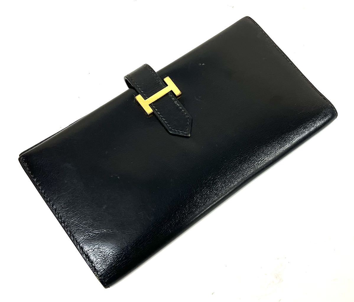 HERMES エルメス ベアン ボックスカーフ 長財布 刻印 黒 ゴールド金具 箱付き 1101①_画像2