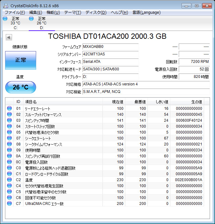 【送料無料】◆TOSHIBA DT01ACA200 2TB　使用少なめ：701h/820h「２個セット」【即決】A_HDD情報２