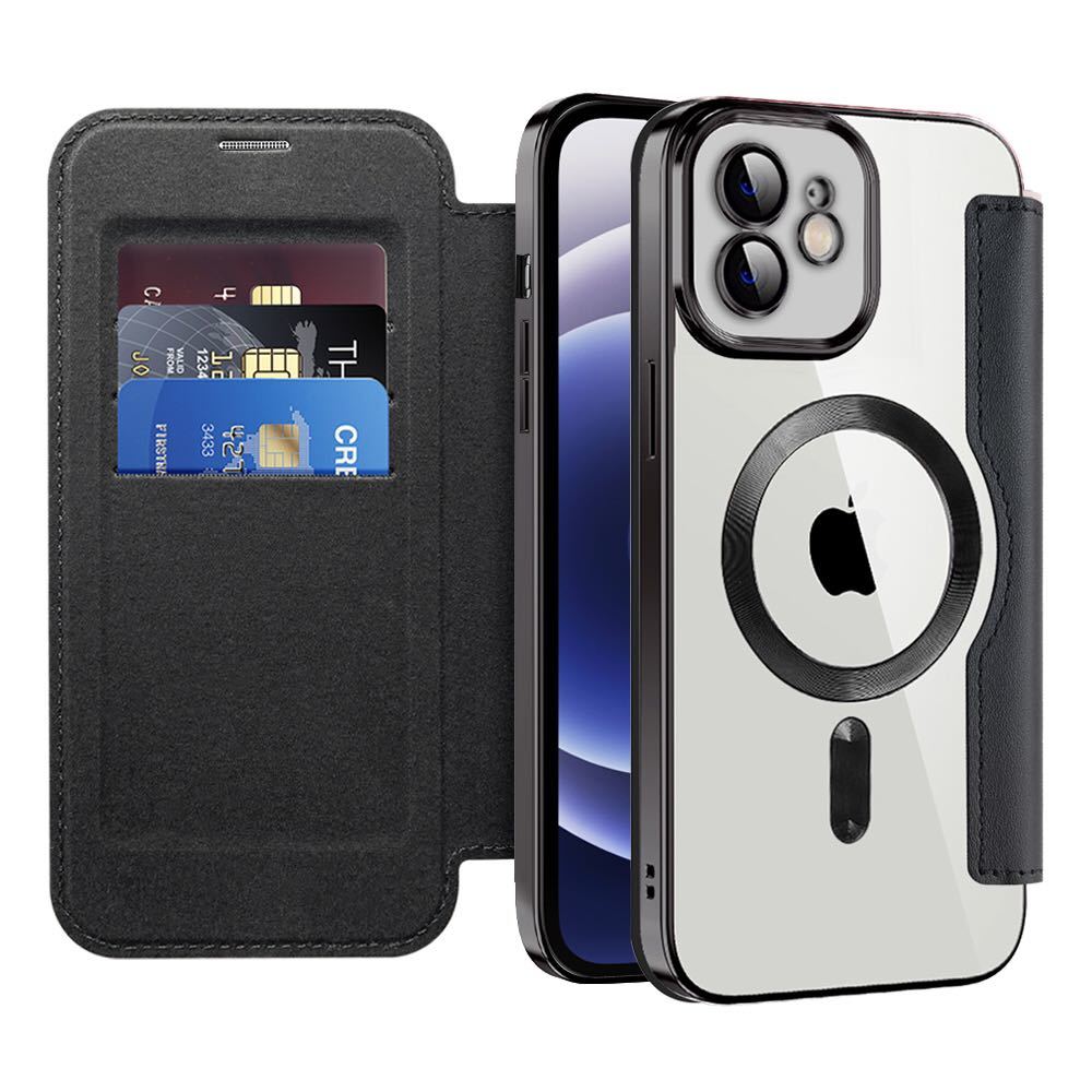 iPhone 11 クリアケース アイフォン11 レザーケース iPhone11 ケース iPhone 11 カバー 透明 MagSafe充電 手帳型 ブラック