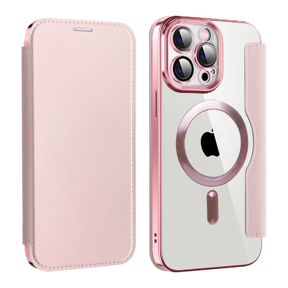 iPhone 13 pro max クリアケース アイフォン13 プロ マックス レザーケース iPhone 13 pro max カバー 透明 MagSafe充電 手帳型 ピンク