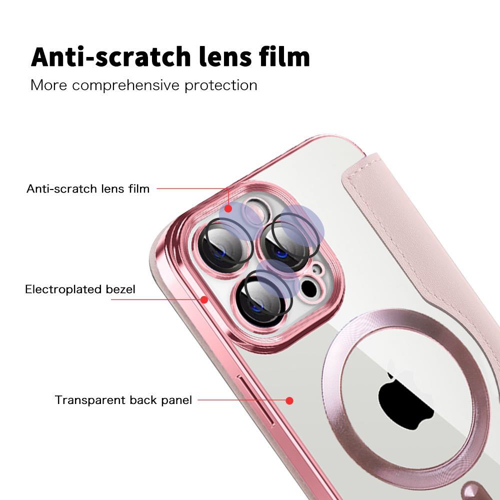 iPhone 13 pro max クリアケース アイフォン13 プロ マックス レザーケース iPhone 13 pro max カバー 透明 MagSafe充電 手帳型 ピンク