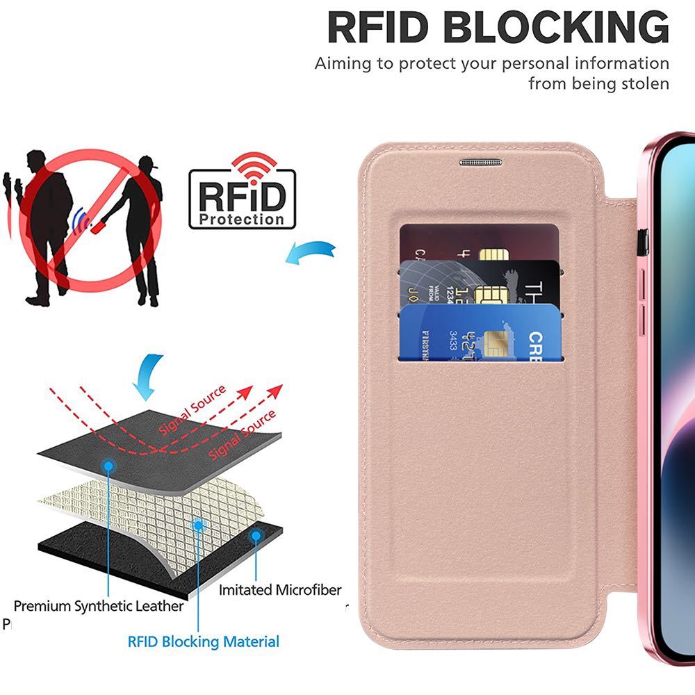 iPhone 15 レザーケース アイフォン15 クリアケース iPhone15 カバー 透明 カード収納 MagSafe充電 手帳型 ピンク