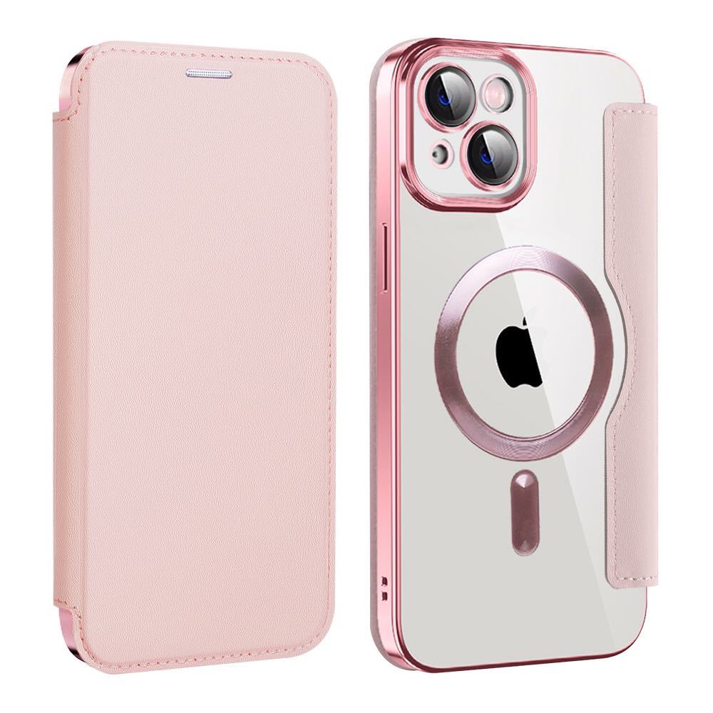 iPhone 15 レザーケース アイフォン15 クリアケース iPhone15 カバー 透明 カード収納 MagSafe充電 手帳型 ピンク
