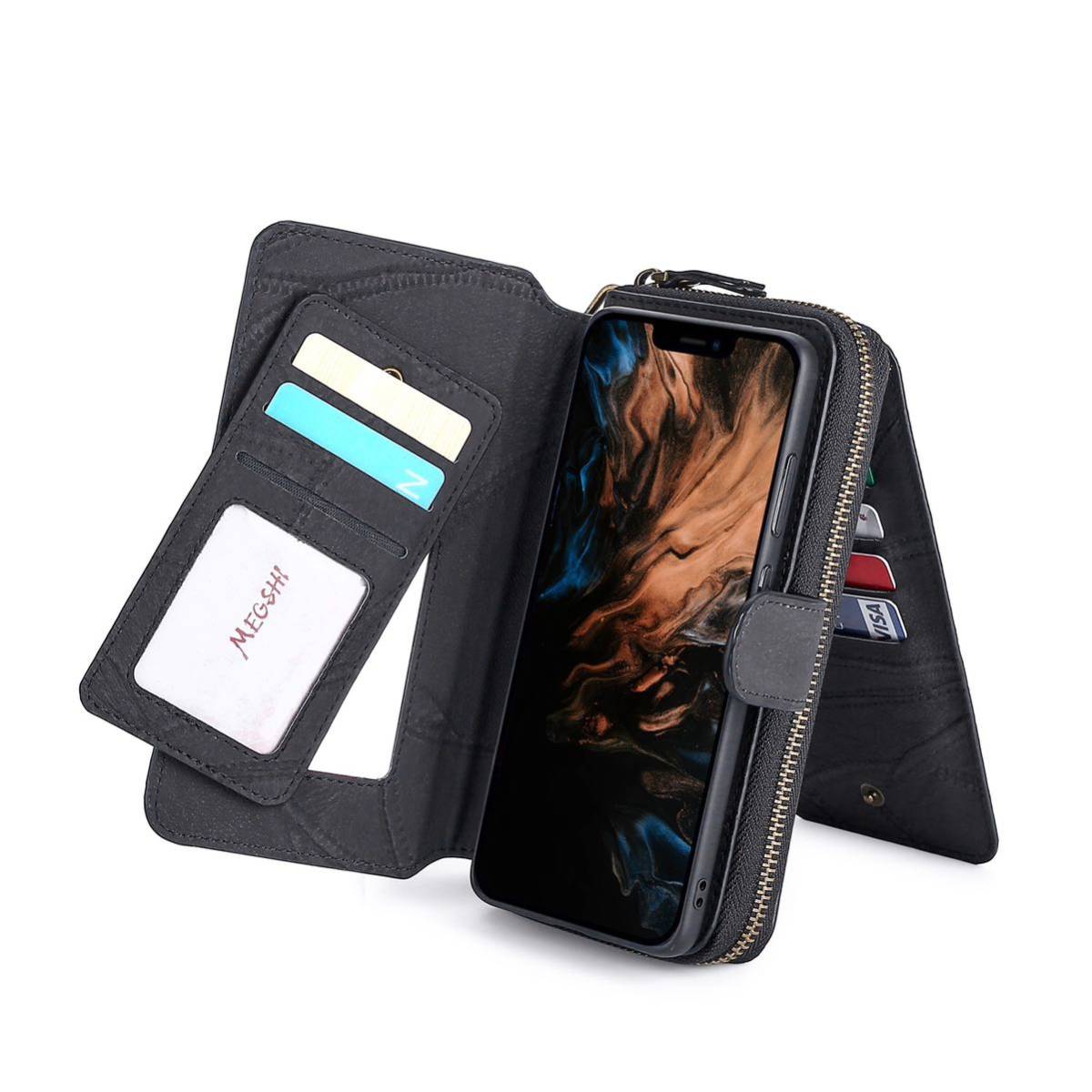 iPhone 15 pro レザーケース アイフォン15 プロ ケース iPhone15 Pro カバー 手帳型 お財布付き カード収納 ストラップ付き ブラック