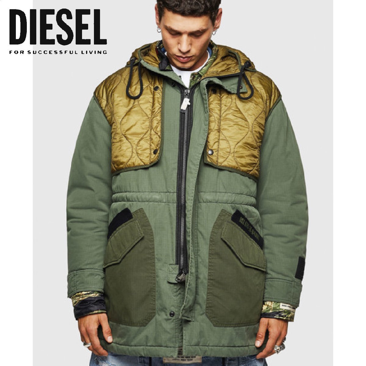 正規品/新品/未使用/Sサイズ■アウトレット品■タグ付き/定価83,600円■DIESEL ディーゼル 異素材切替 中綿 モッズコート ロングコート A32_画像1