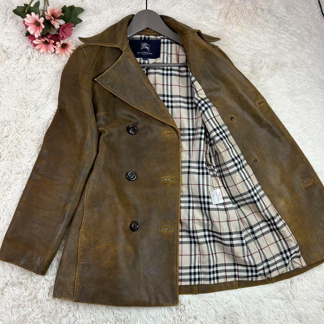 【美品】 BURBERRY LONDON バーバリーロンドン トレンチコート レザーコート ノバチェック 羊革 ラムレザー ビンテージ加工 ブラウン_画像2