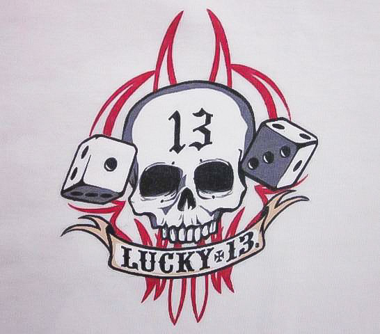 即決★ [Sサイズ] ビンテージ 初期 LUCKY 13 ラッキー ピンナップ ガール スカル Tシャツ ロカビリー HOT ROD サイコビリー クリームソーダ_フロント 胸プリント