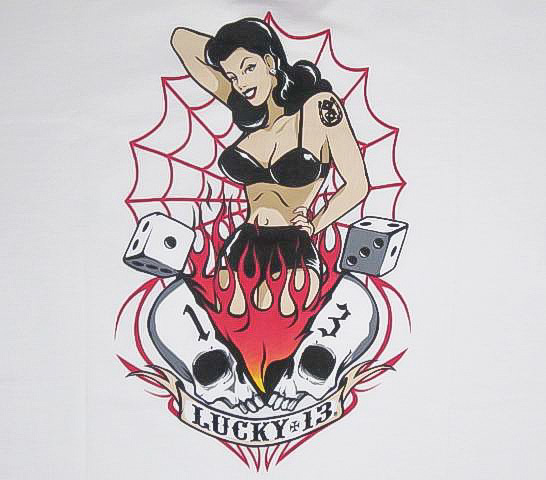 即決★ [Sサイズ] ビンテージ 初期 LUCKY 13 ラッキー ピンナップ ガール スカル Tシャツ ロカビリー HOT ROD サイコビリー クリームソーダ_バックプリント