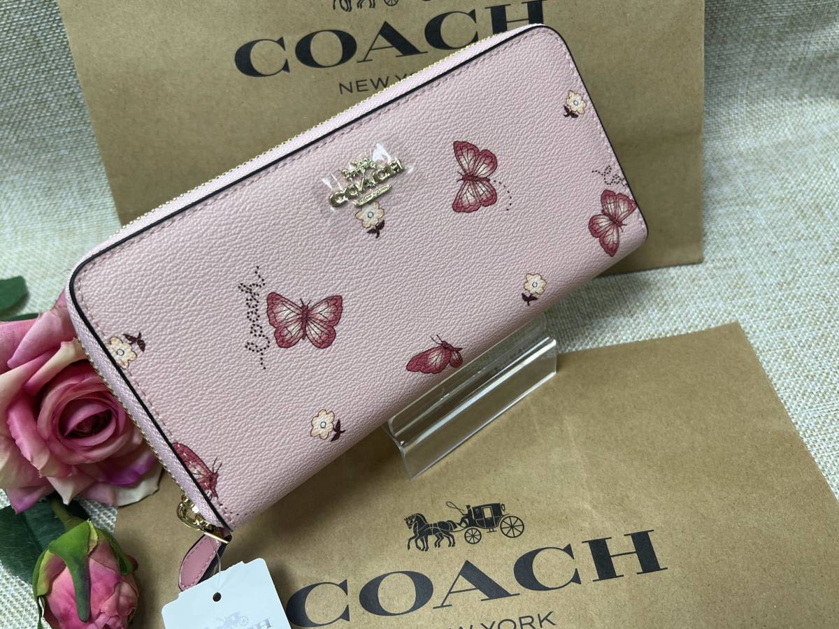 コーチ COACH 長財布 財布 アコーディオン ラウンドファスナー ジップアラウンド バタフライ 蝶々 プリント プレゼント ギ 新品C246 _画像2