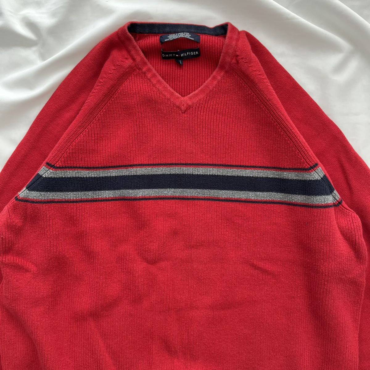 トミーヒルフィガー TOMMY HILFIGER 赤 ニット セーター 2XLT クルーネック 送料込 古着_画像2