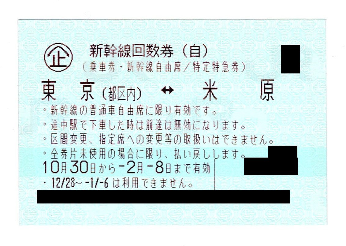 ◆送料無料◆　新幹線　回数券　自由席　東京（都区内）←→米原　2024年2月8日まで_画像1