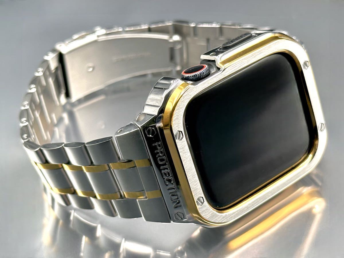 メタルシルバー&ゴールドライン　アップルウォッチバンド ステンレス カバー　Apple Watch ケース 44mm45mmメンズレディース　一体型ベルト_画像2