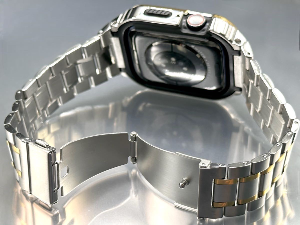 メタルシルバー&ゴールドライン　アップルウォッチバンド ステンレス カバー　Apple Watch ケース 44mm45mmメンズレディース　一体型ベルト_画像7