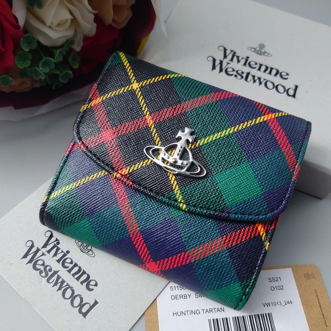 極美品 Vivienne Westwood ヴィヴィアン ウエストウッド DERBY SMALL 二つ折り財布 ANNIE アニー タータンチェック 緑 グリーン オーブ