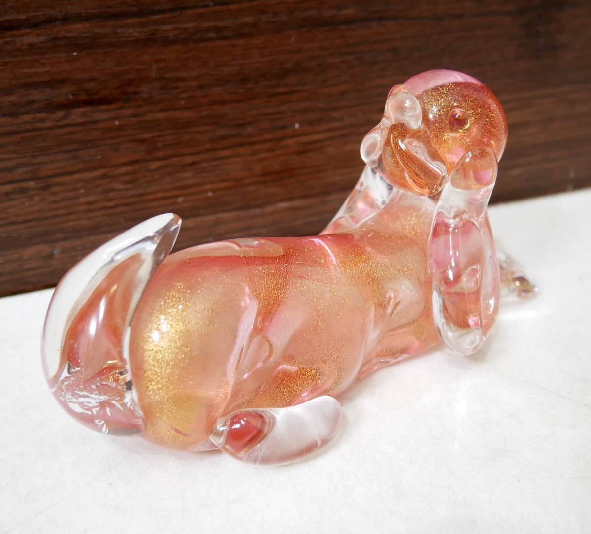 ▲(R511-F64) SEGUSO MURANO セグーソ・ムラノ ガラス 硝子 置物 インテリア オブジェクト 犬 ピンク 全長約12cm_画像1