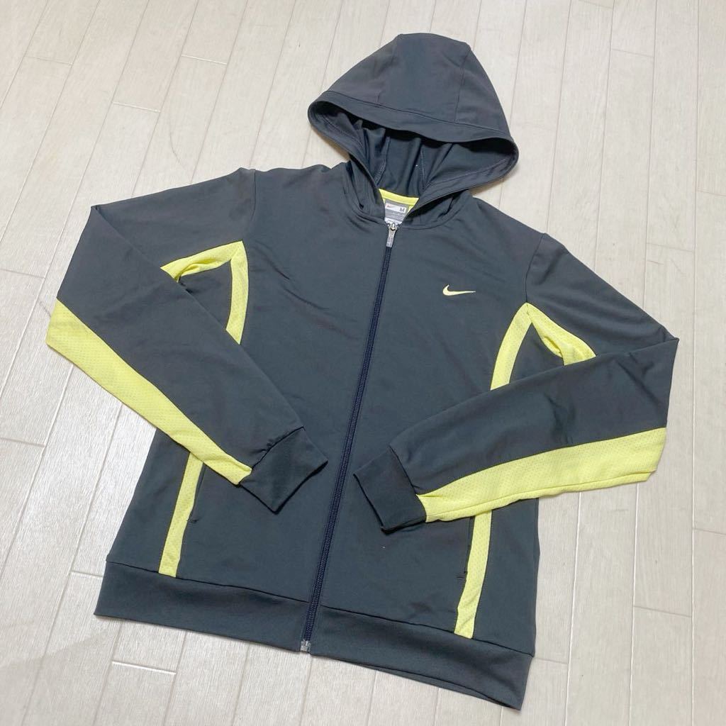 3728☆ NIKE ナイキ トップス パーカー フーディー フルジップパーカー レディース M グレー イエロー スポーツの画像1