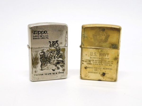 ♪hauu2250-2 532 ZIPPO ジッポライター U.S NAVY USN / MFG.CO. BRADFORD.PA. フクロウ オイルライター 喫煙具 2点 まとめて_画像1