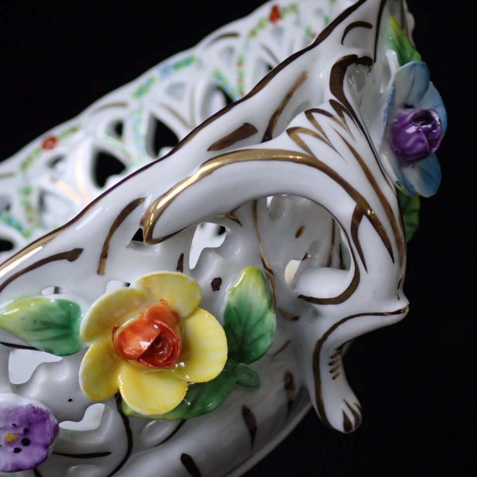 □MEISSEN/マイセン 透かしボウル 直径約18cm/ホワイト/金彩/ハート/キューピット/花/陶磁器/洋食器&0362000078_画像5