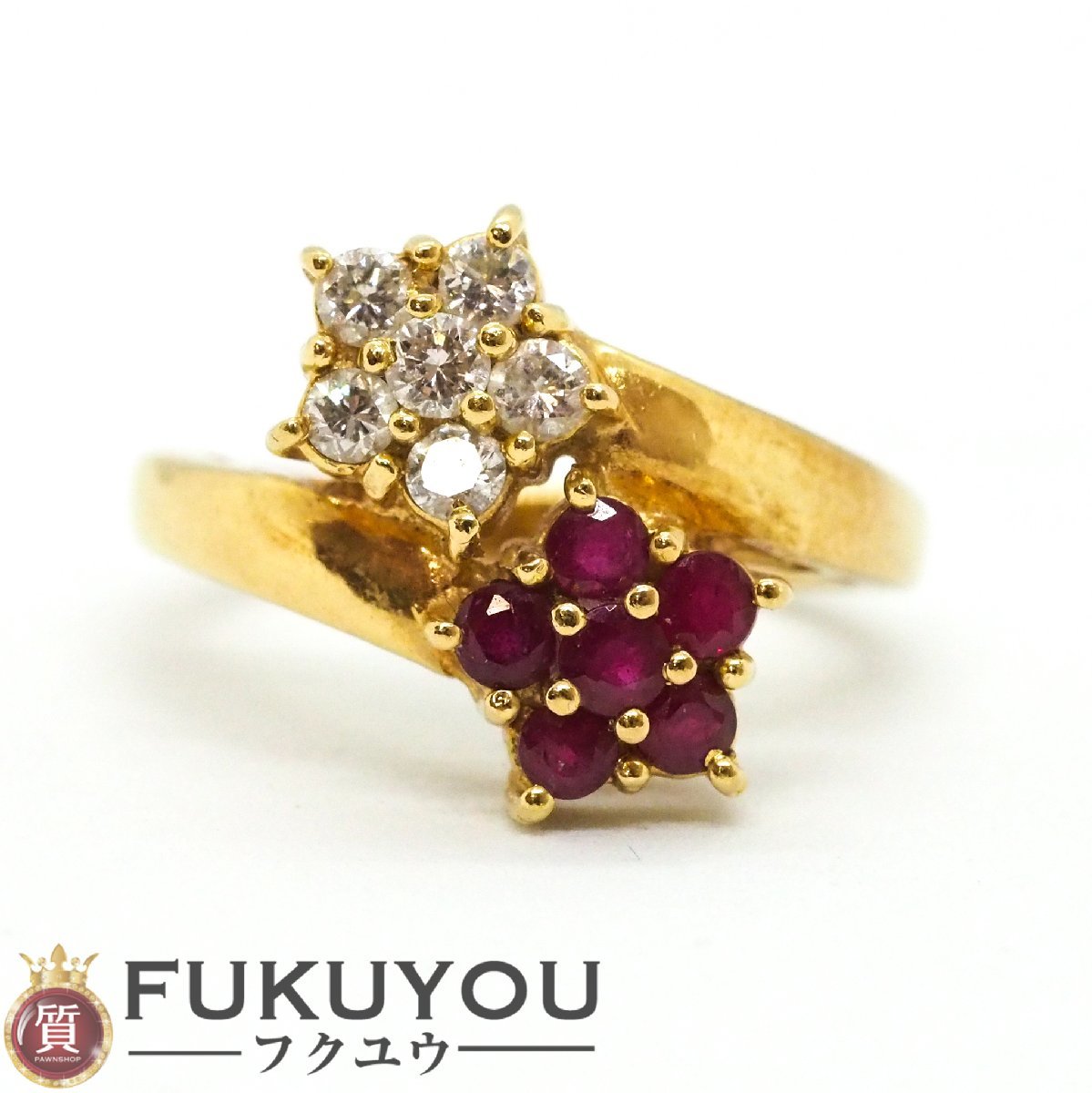 K18 赤石 0.50ct メレダイヤモンド 0.30ct ゴールドデザイン リング 7号 4.4ｇ