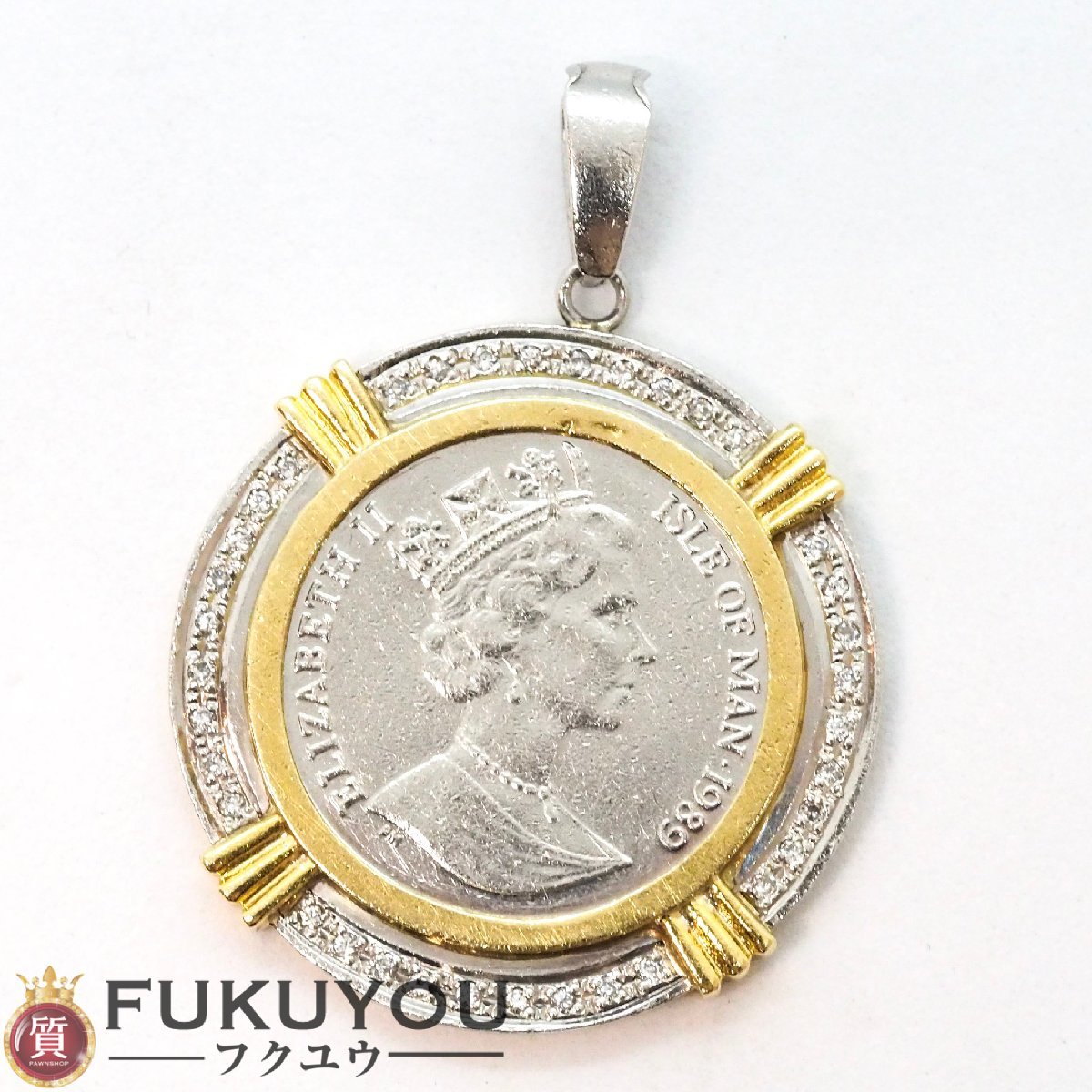 Pt1000 Man island cat platinum coin 1/5oz 1989 year pendant top necklace frame K18/Pt900mere diamond 0.20ct accessory 