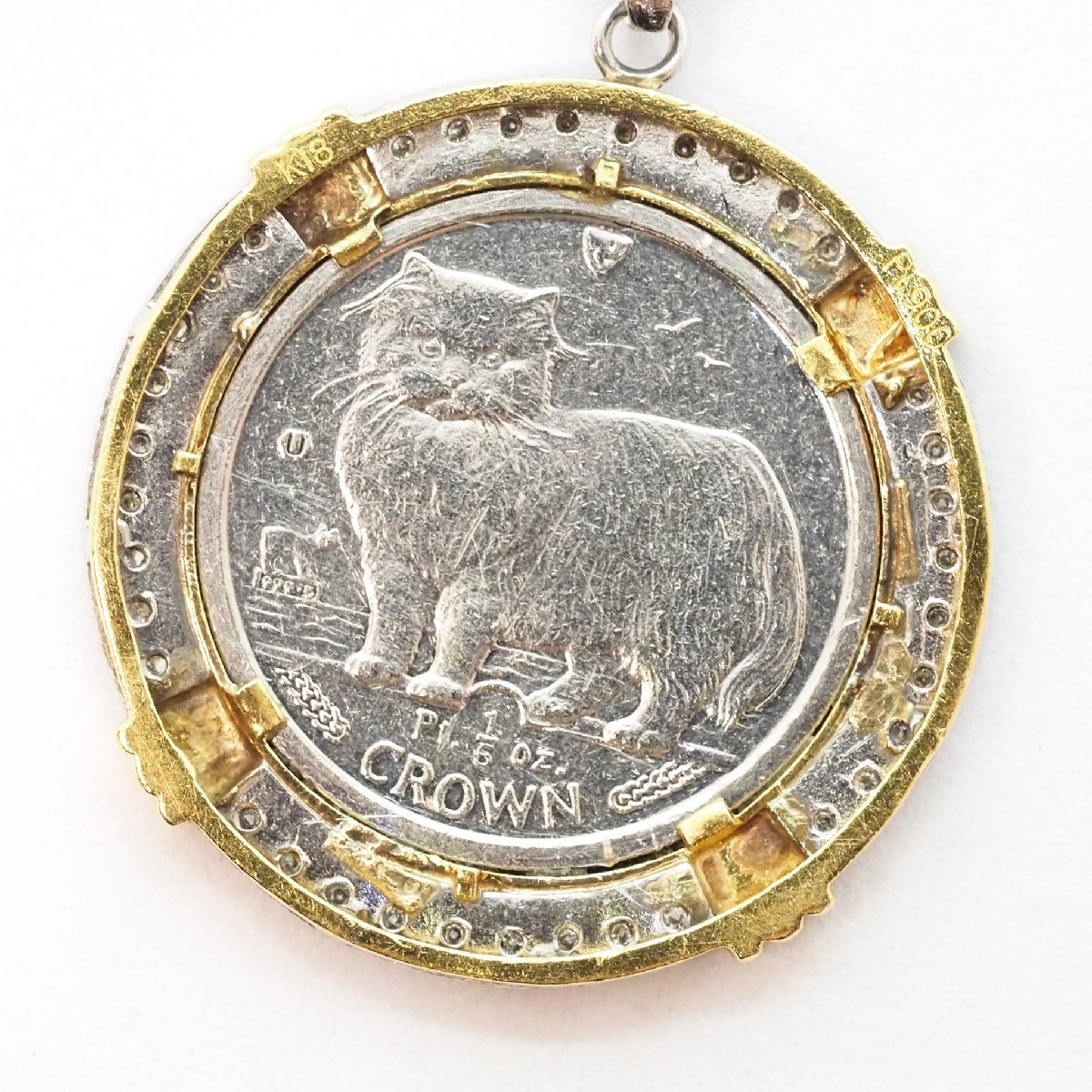 Pt1000 Man island cat platinum coin 1/5oz 1989 year pendant top necklace frame K18/Pt900mere diamond 0.20ct accessory 
