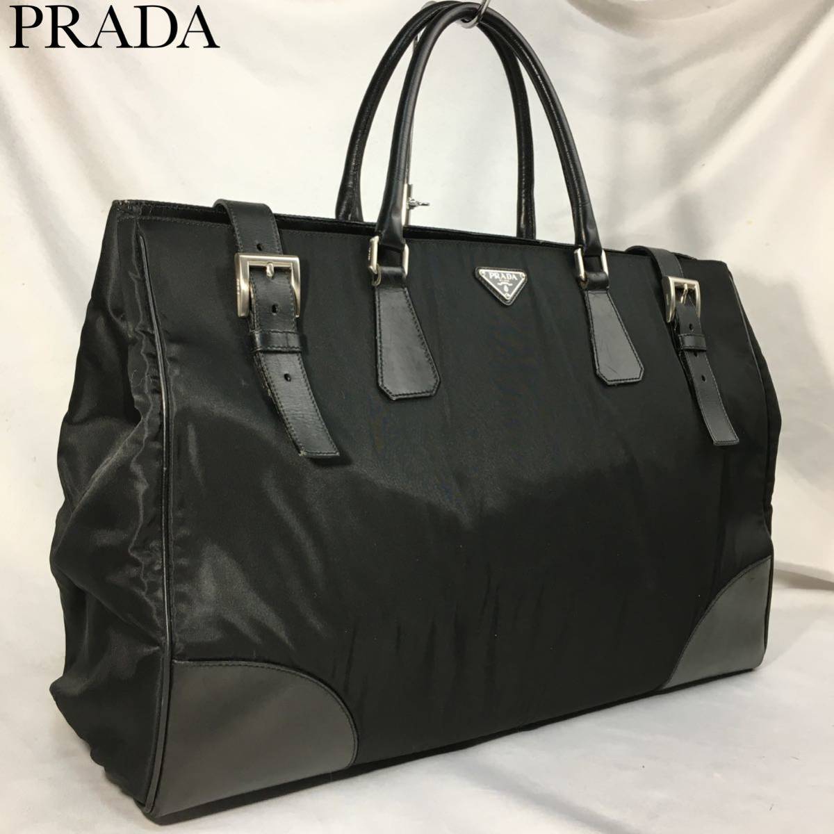 希少 極美品 ベルト金具 大容量 ビジネスバッグ A4収納 ロゴプレート PRADA プラダ 刻印 白タグ メンズ ナイロン レザー 黒 ブラック ネロ_画像1